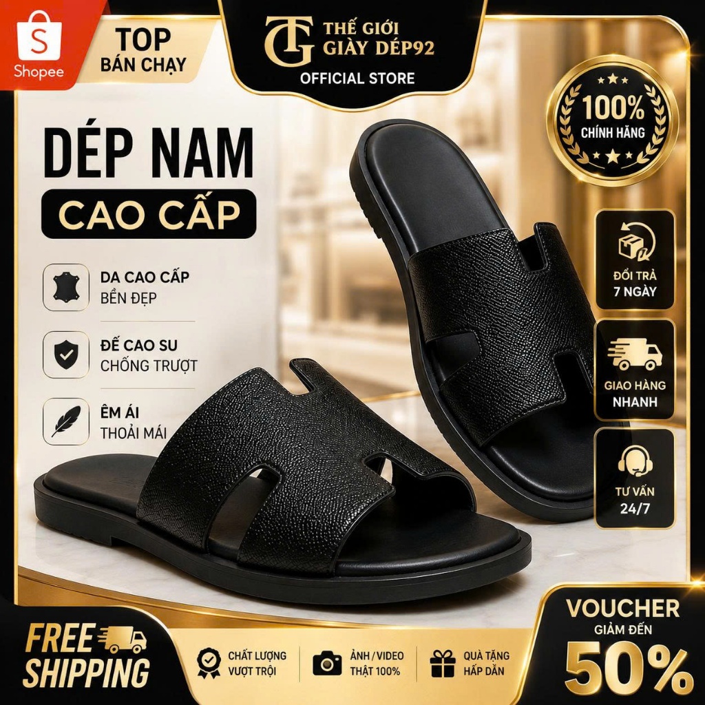 Dép Nam Chữ H Quai Ngang Da Bò Full Box