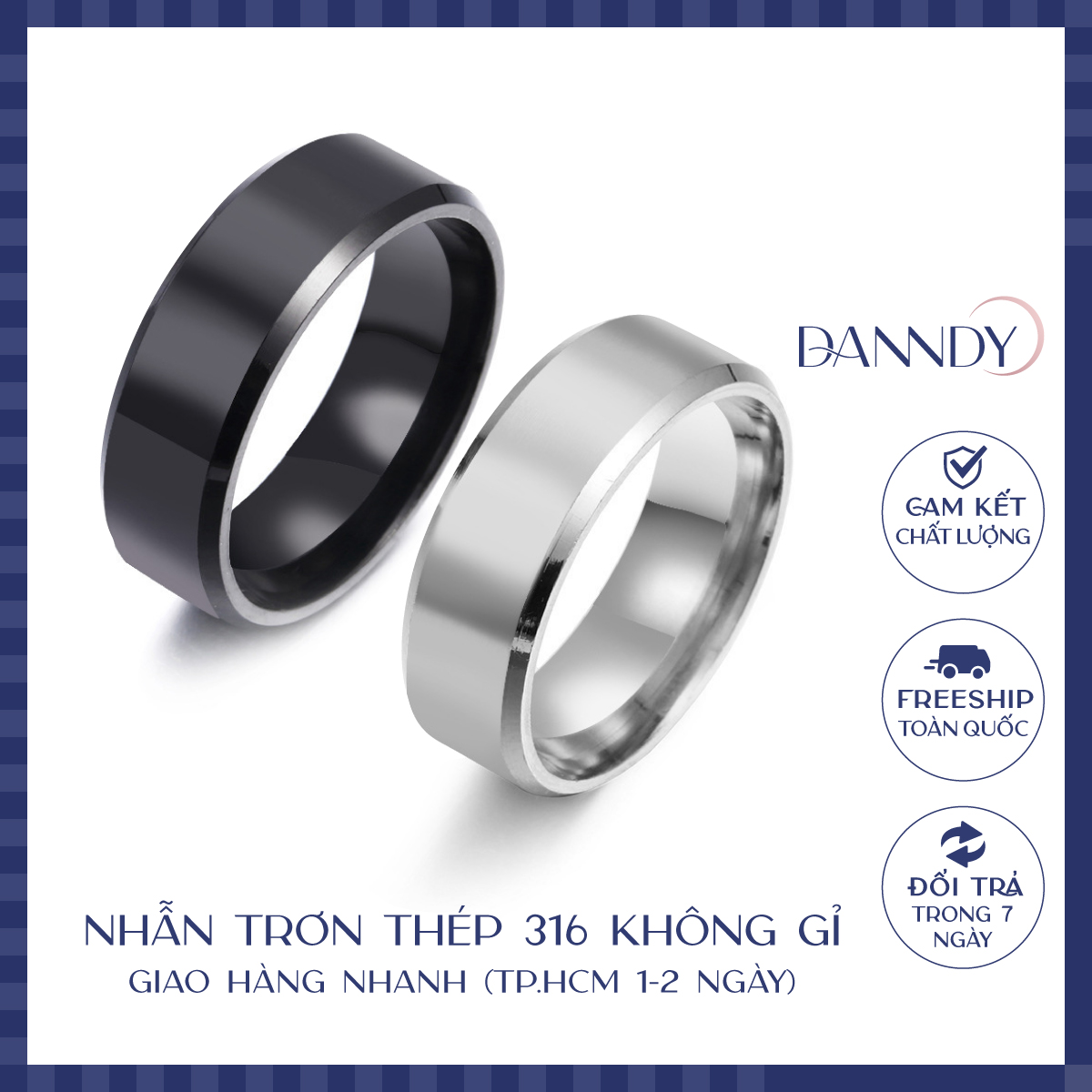 Nhẫn Titan Nam Nữ Dandy Trơn Đen Bạc Bản To