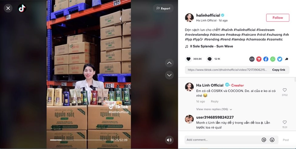 Dầu gội Nguyên Xuân trên TikTok Shop của Hoa Linh và Chiến Thần Review